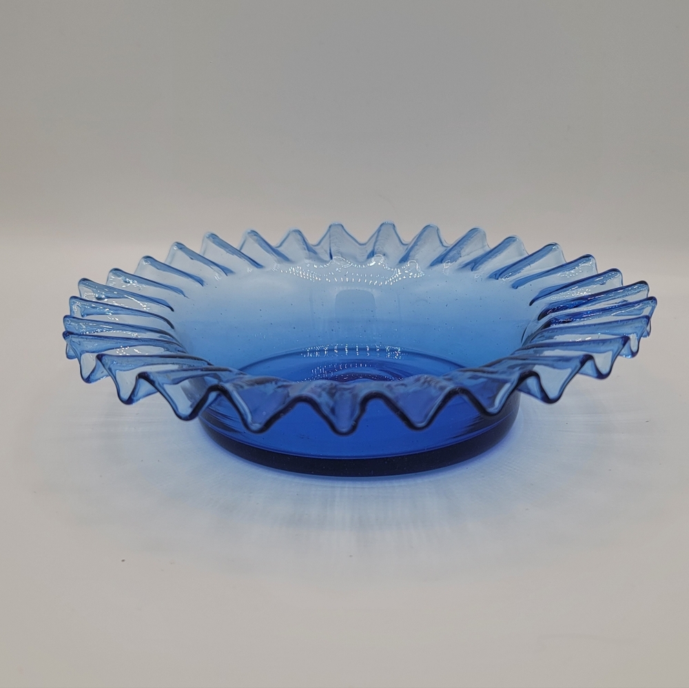 Blue Art Glass Bowl Ruffled Edge Hand Blown Pontil 7.5" Decorative Dish Vintage